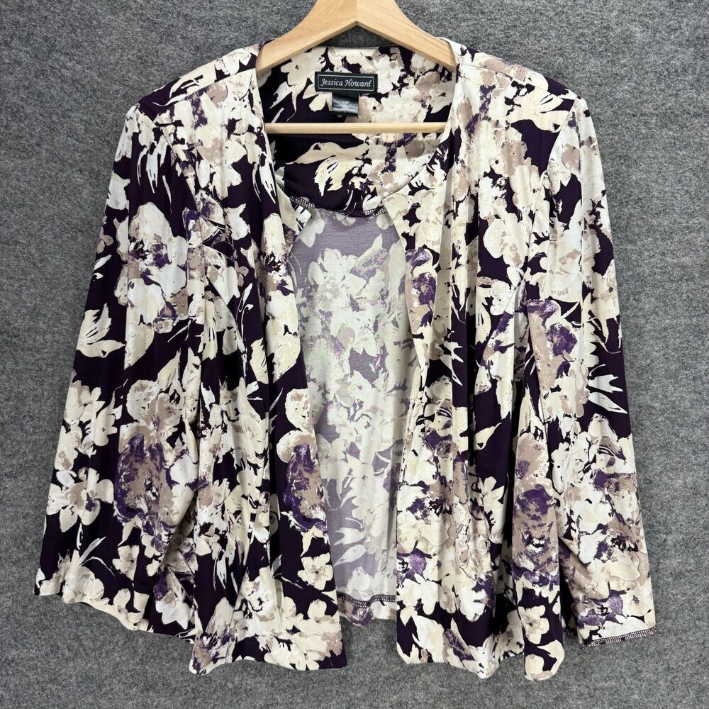 Jessica Howard Top Women 16W Plus Black Floral Open Front Long Sleeve Casual